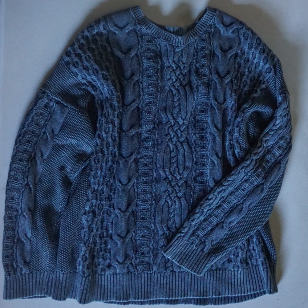 J•Jill Navy Denim Yarn Cable Knit Sweater